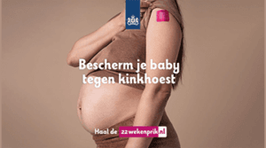 Afbeelding van zwangere vrouw en de tekst 'Bescherm je baby tegen kinkhoest. Haal de 22wekenprik.nl'